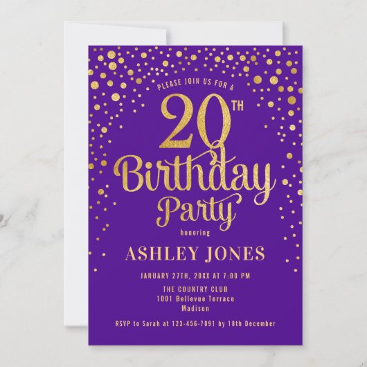 Invitation Fête du 20e anniversaire - Purple & Gold (Devant)