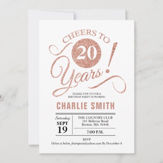 Invitation Fête du 20e anniversaire - Rose Gold White (Devant)
