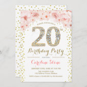 Invitation Fête du 20e anniversaire - Rose or blanc (Devant / Derrière)