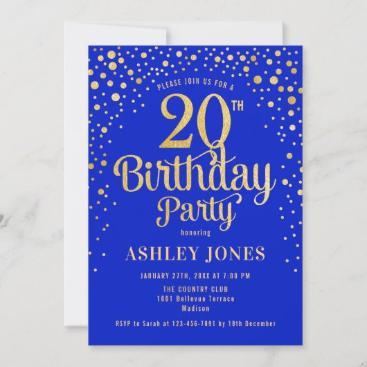 Invitation Fête du 20e anniversaire - Royal Blue & Gold (Devant)