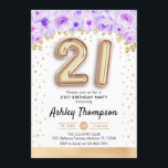 Invitation Fête du 21e anniversaire - Ballons d'or violet<br><div class="desc">21e anniversaire invitation de fête. Design élégant en parties scintillant d'or faux avec accent floral. Carte Invitation avec ballons numéro or 21,  police de script avec confetti. Violet,  lavande et blanc. Parfait pour une célébration anniversaire élégante. Message-moi si vous avez besoin d'âge personnalisé.</div>