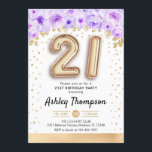 Invitation Fête du 21e anniversaire - Ballons d'or violet<br><div class="desc">21e anniversaire invitation de fête. Design élégant en parties scintillant d'or faux avec accent floral. Carte Invitation avec ballons numéro or 21,  police de script avec confetti. Violet,  lavande et blanc. Parfait pour une célébration anniversaire élégante. Message-moi si vous avez besoin d'âge personnalisé.</div>