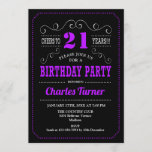 Invitation Fête du 21e anniversaire - Black Purple<br><div class="desc">Invitation de fête du 21e anniversaire. Design élégant noir,  violet,  blanc rétro avec motif de tableau noir et police de script. Salut à 21 ans ! Message-moi si vous avez besoin d'une personnalisation plus poussée.</div>