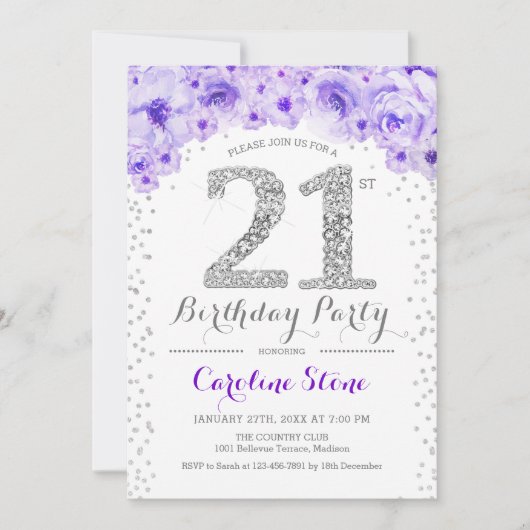 Invitation Fête du 21e anniversaire - Blanc Argent violet (Devant)