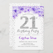 Invitation Fête du 21e anniversaire - Blanc Argent violet (Devant / Derrière)