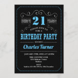 Invitation Fête du 21e anniversaire - Bleu noir<br><div class="desc">Invitation de fête du 21e anniversaire. Design élégant noir,  bleu,  blanc rétro avec motif de tableau noir et police de script. Salut à 21 ans ! Message-moi si vous avez besoin d'une personnalisation plus poussée.</div>