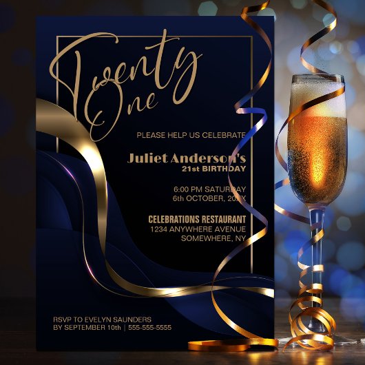 Invitation Fête du 21e anniversaire de l'or bleu moderne
