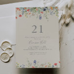 Invitation Fête du 21e anniversaire du Fleur sauvage radiant<br><div class="desc">Cette invitation à la fête du 21e anniversaire de ce fleur sauvage multicolore rayonnant est parfaite pour un événement moderne. Le design est composé de fleurs sauvages de prés, de feuilles et de fleurs sauvages, rose, violet, rousses, jaunes, bleu marine, rouges, rouges, rouges, rouges, rouges, jaunes, rouges, jaunes, qui évoquent...</div>