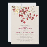 Invitation Fête du 21e anniversaire du Red Berry d'hiver mode<br><div class="desc">Belle invitation d'anniversaire rustique chic pour une fête d'anniversaire d'hiver. Il présente des baies rouges sur une branche nue ornée d'une cloche dorée et d'une ficelle.</div>