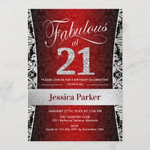 Invitation Fête du 21e anniversaire - Noir rouge argent