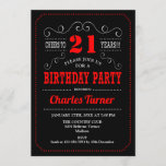 Invitation Fête du 21e anniversaire - Noir Rouge Blanc<br><div class="desc">Invitation de fête du 21e anniversaire. Design élégant noir,  rouge,  blanc rétro avec motif de tableau noir et police de script. Salut à 21 ans ! Message-moi si vous avez besoin d'une personnalisation plus poussée.</div>