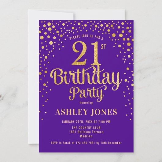 Invitation Fête du 21e anniversaire - Purple & Gold (Devant)