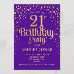 Invitation Fête du 21e anniversaire - Purple & Gold<br><div class="desc">Invitation de fête du 21e anniversaire. Design élégant en or violet royal et faux parties scintillant. Comprend des polices de caractères et des confettis stylisés. Message-moi si vous avez besoin d'âge personnalisé.</div>