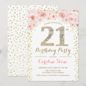 Invitation Fête du 21e anniversaire - Rose or blanc (Devant / Derrière)