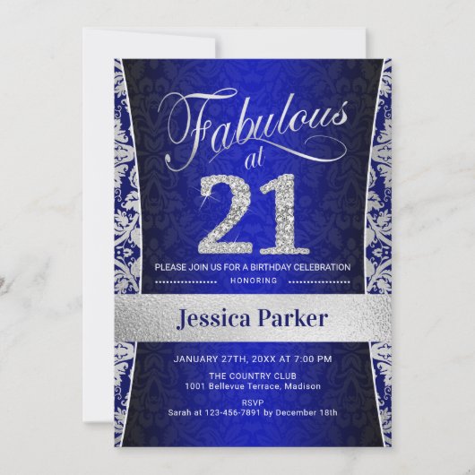 Invitation Fête du 21e anniversaire - Silver Royal Blue (Devant)
