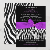 Invitation Fête du 21e anniversaire, Zèbre, noir violet blanc (Devant / Derrière)
