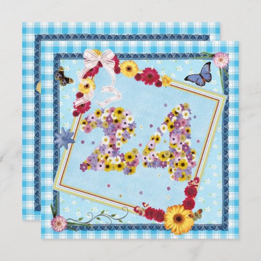 Invitation Fête du 24e anniversaire Fleurs d'invitation, papi (Devant / Derrière)