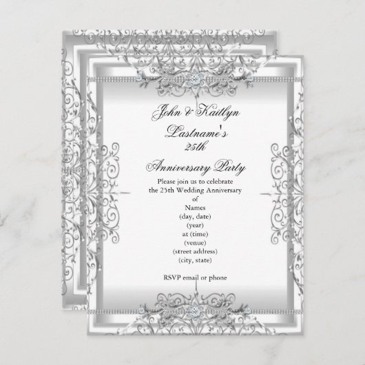 Invitation Fête du 25e Anniversaire Damask Argent Blanc (Devant / Derrière)