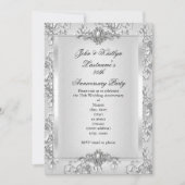 Invitation Fête du 25e Anniversaire Damask Argent Blanc Petit (Devant)