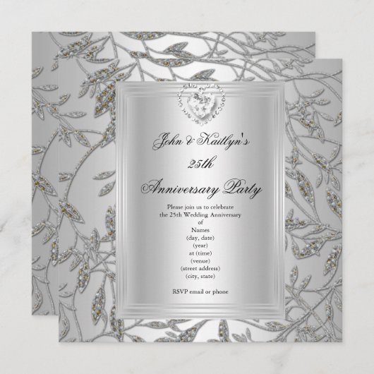 Invitation Fête du 25e Anniversaire Damask Argent Gris 2 (Devant / Derrière)