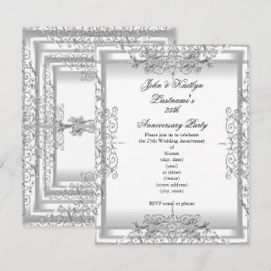 Invitation Fête du 25e Anniversaire Damassé Argent Blanc