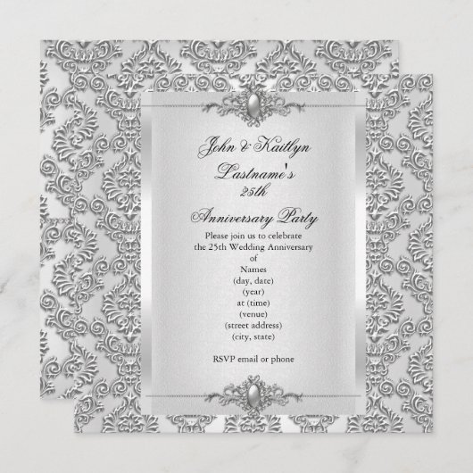 Invitation Fête du 25e Anniversaire Damassé Argent Blanc (Devant / Derrière)