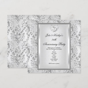 Invitation Fête du 25e Anniversaire Damassé Argent Blanc 2