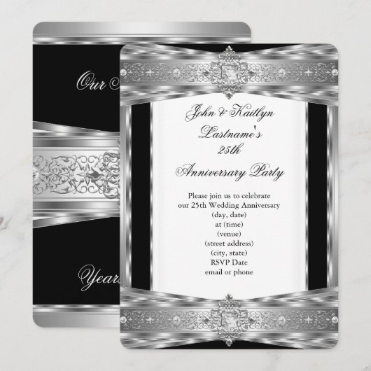 Invitation Fête du 25e Anniversaire Damassé Diamant Argent No (Devant / Derrière)
