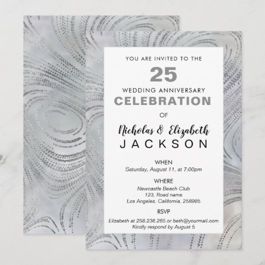 Invitation Fête du 25e anniversaire de luxe argent sur perle (Devant / Derrière)