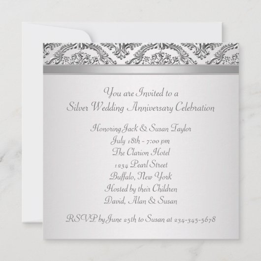 Invitation Fête du 25e anniversaire de mariage Argent Damask  (Dos)