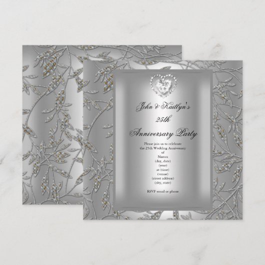 Invitation Fête du 25e Anniversaire de Mariage Damask Gris Ar (Devant / Derrière)