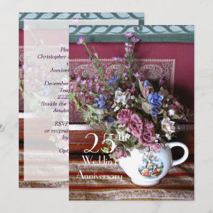 Invitation Fête du 25e Anniversaire de Mariage Théière Vintag
