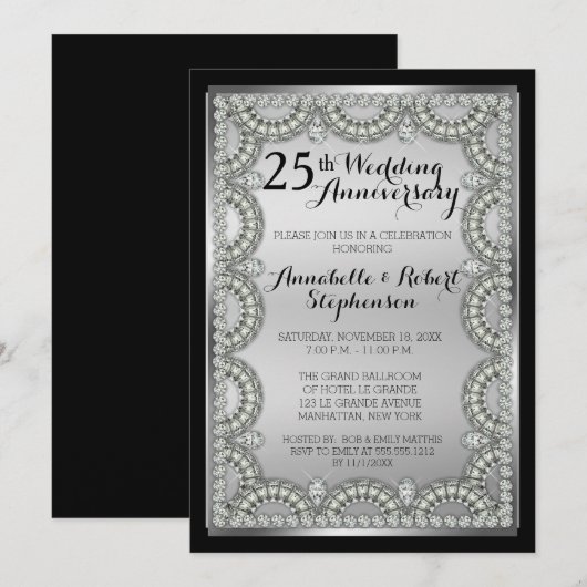 Invitation Fête du 25e anniversaire du Mariage Argent et Diam (Devant / Derrière)