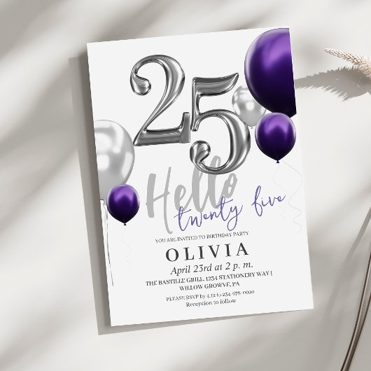 Invitation Fête du 25e anniversaire moderne Silver Purple Bal