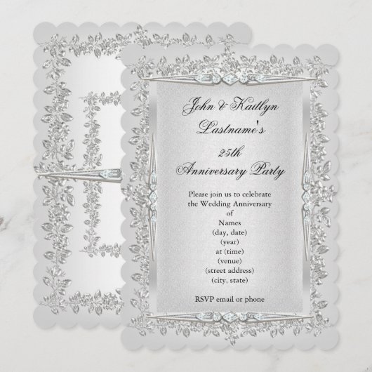 Invitation Fête du 25e Anniversaire Rose Damask Silver White (Devant / Derrière)