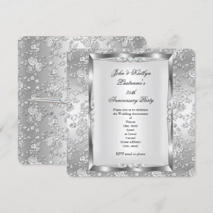 Invitation Fête du 25e Anniversaire Rose Damassé Argent Blanc