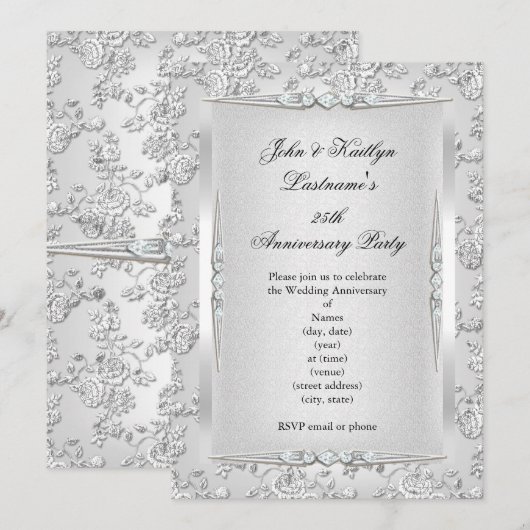 Invitation Fête du 25e Anniversaire Rose Damassée Argent Blan (Devant / Derrière)