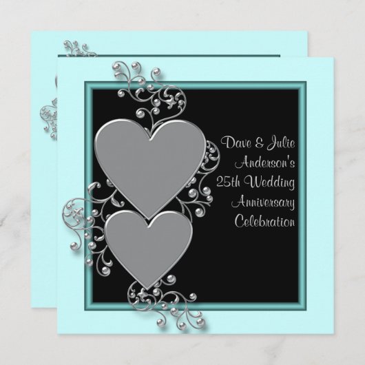Invitation Fête du 25e anniversaire Silver Hearts Teal Silver (Devant / Derrière)