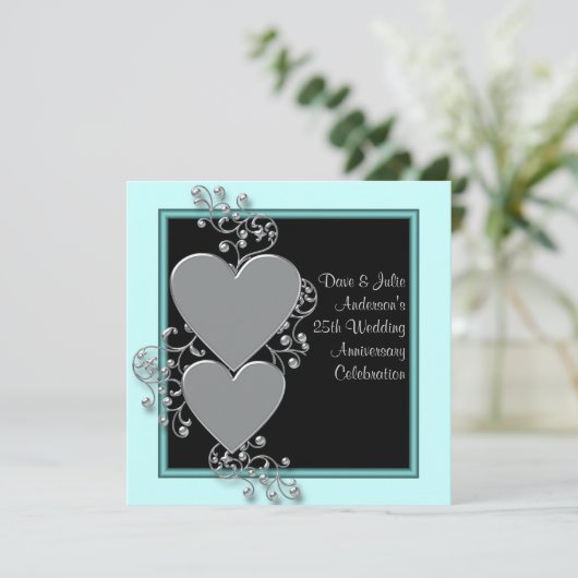 Invitation Fête du 25e anniversaire Silver Hearts Teal Silver (Debout devant)