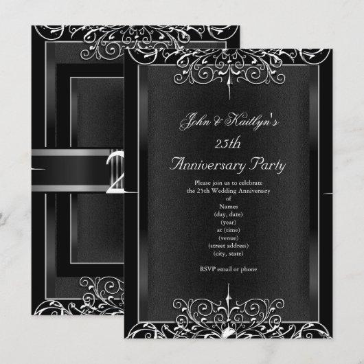 Invitation Fête du 25e Anniversaire Tableau Noir Fleurs Argen (Devant / Derrière)