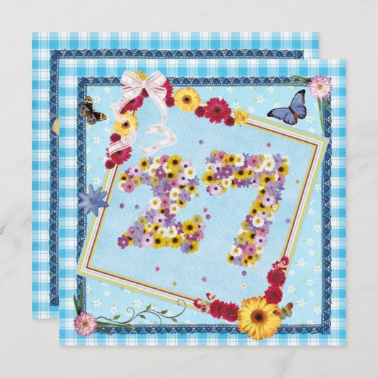 Invitation Fête du 27e anniversaire Fleurs d'invitation, papi (Devant / Derrière)