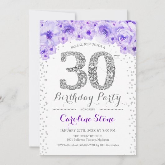 Invitation Fête du 30e anniversaire - Blanc Argent violet (Devant)