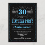 Invitation Fête du 30e anniversaire - Bleu noir<br><div class="desc">Invitation de fête du 30e anniversaire. Design élégant noir,  bleu,  blanc rétro avec motif de tableau noir et police de script. Bravo à 30 ans ! Message-moi si vous avez besoin d'une personnalisation plus poussée.</div>