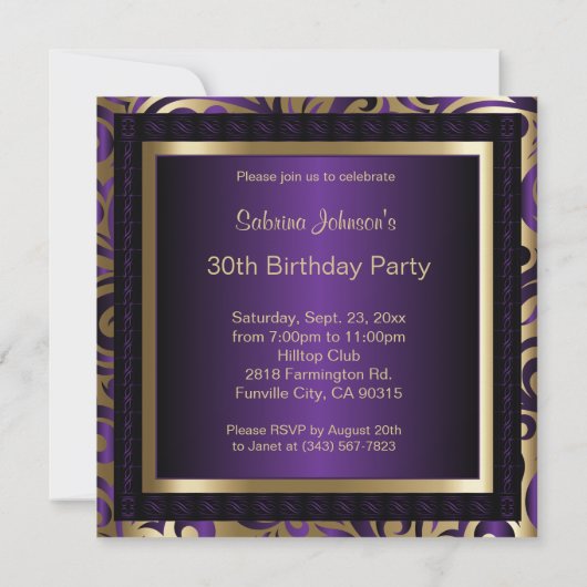 Invitation Fête du 30e anniversaire | Élégant violet et or (Dos)
