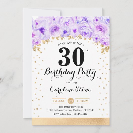 Invitation Fête du 30e anniversaire - Gold Purple Flowers (Devant)