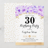 Invitation Fête du 30e anniversaire - Gold Purple Flowers (Devant / Derrière)