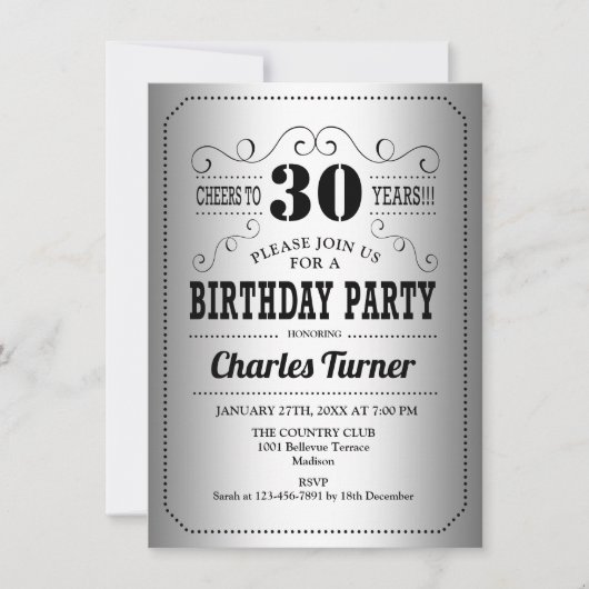 Invitation Fête du 30e anniversaire - Retro Silver Black (Devant)