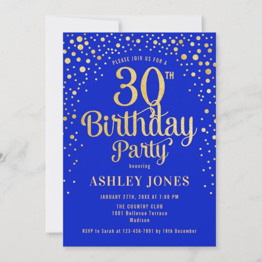 Invitation Fête du 30e anniversaire - Royal Blue & Gold (Devant)