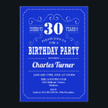 Invitation Fête du 30e anniversaire - Royal Blue White<br><div class="desc">Invitation de fête du 30e anniversaire. Elégant design rétro bleu et blanc avec police de script. Bravo à 30 ans ! Message-moi si vous avez besoin d'une personnalisation plus poussée.</div>