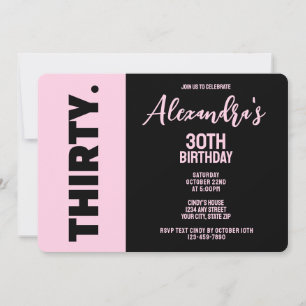 Invitation Fête du 30e anniversaire, tendance Black and Pink 